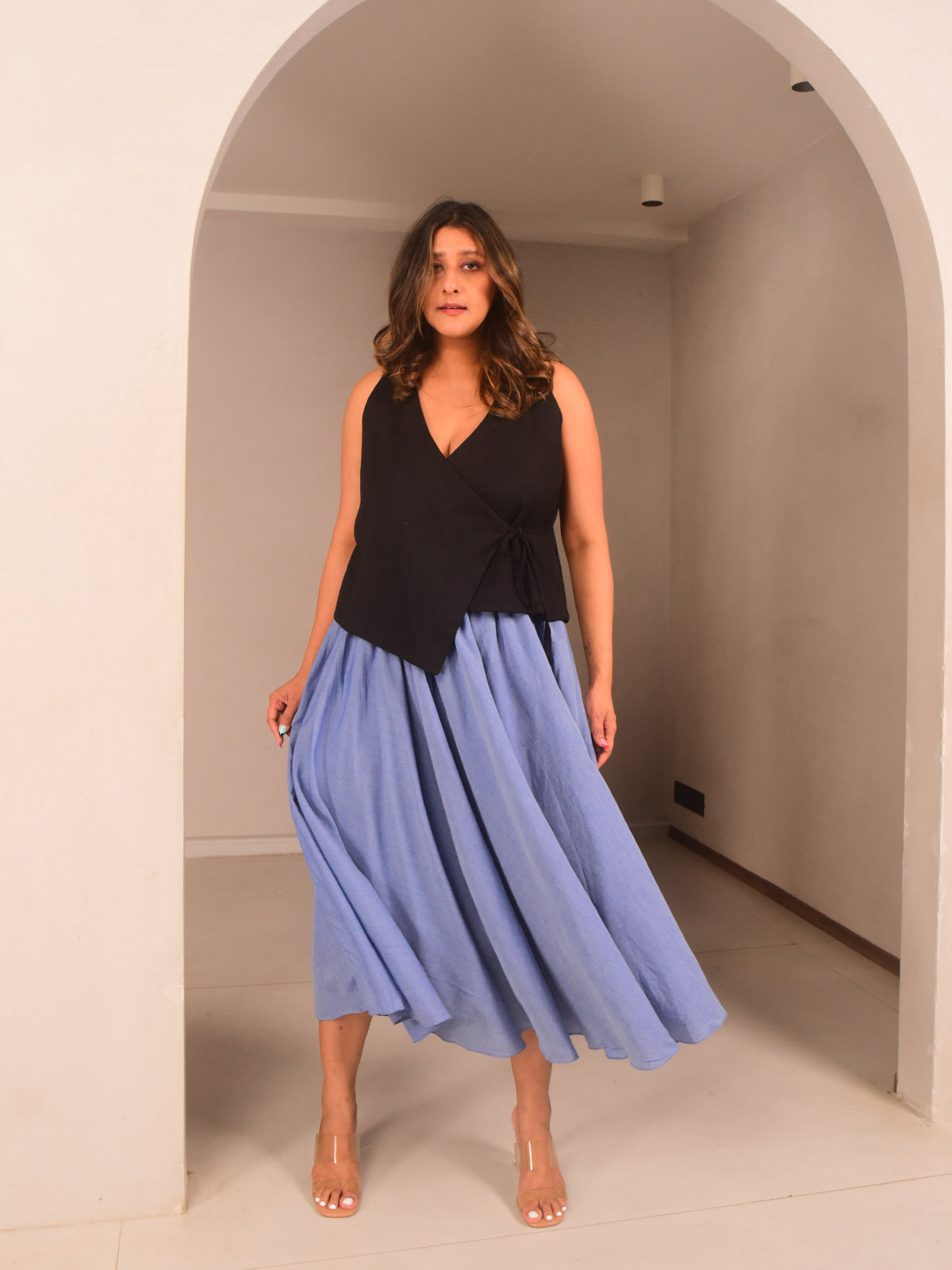 Umbrella Skirt With Tie Dye Skirt And Top Set Black Blue Modal