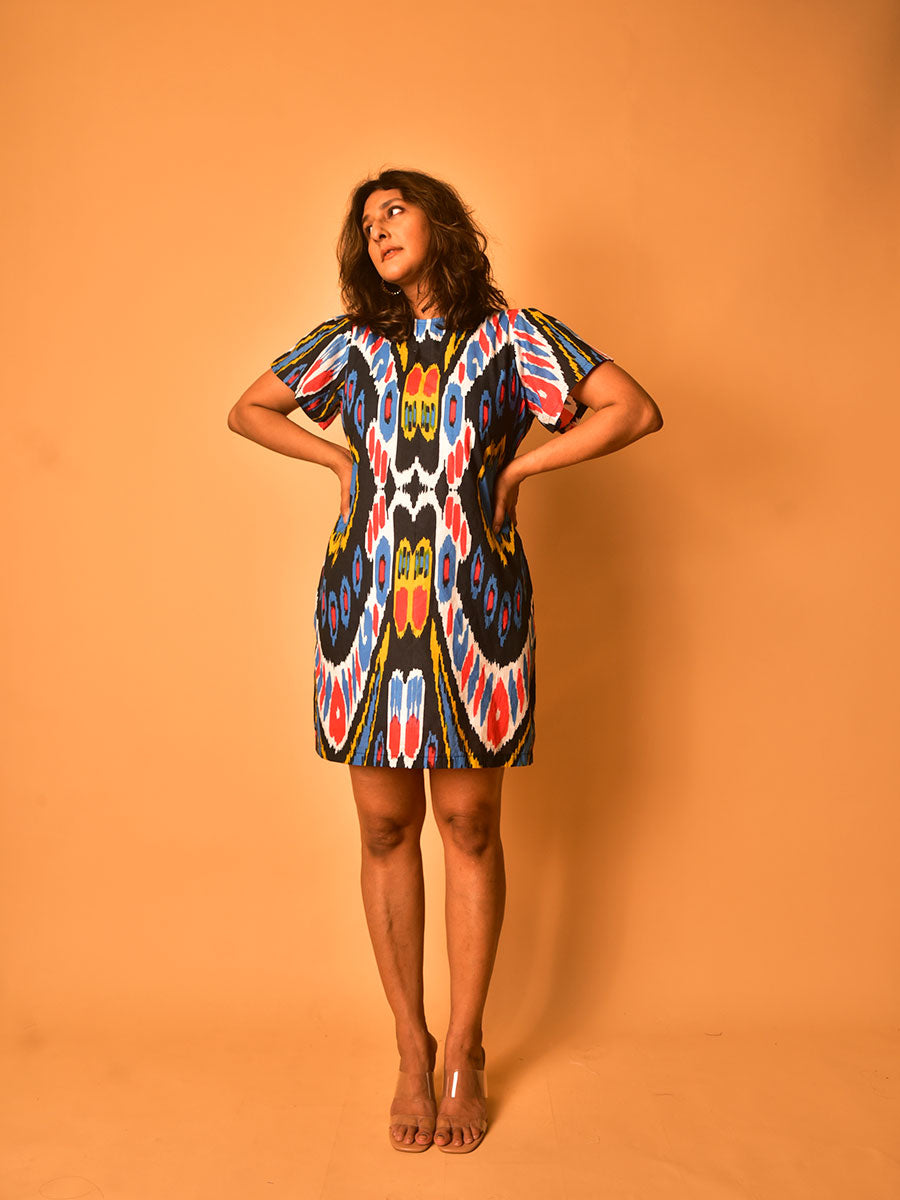 Black Multicolour Printed Short Cotton Dress for Women WhySoBlue