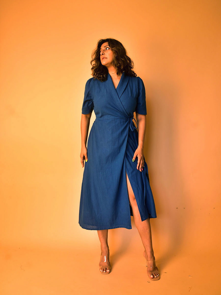 Blue Kaala Cotton Wrap Dress for Women | WhySoBlue M Blue Kaala Cotton Wrap Dress for Women | WhySoBlue M