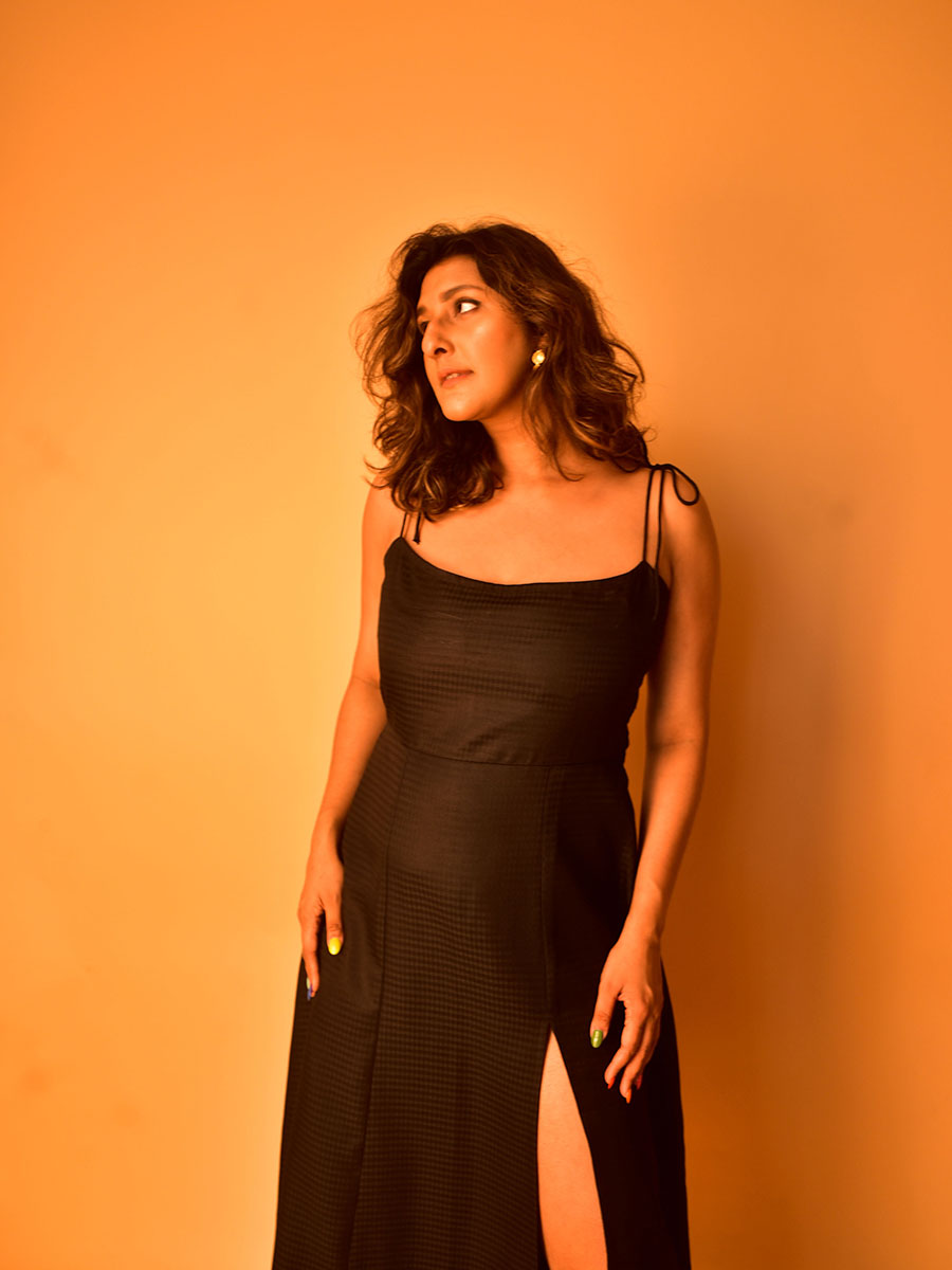 Black Textured Cotton Slit Dress for Women | WhySoBlue