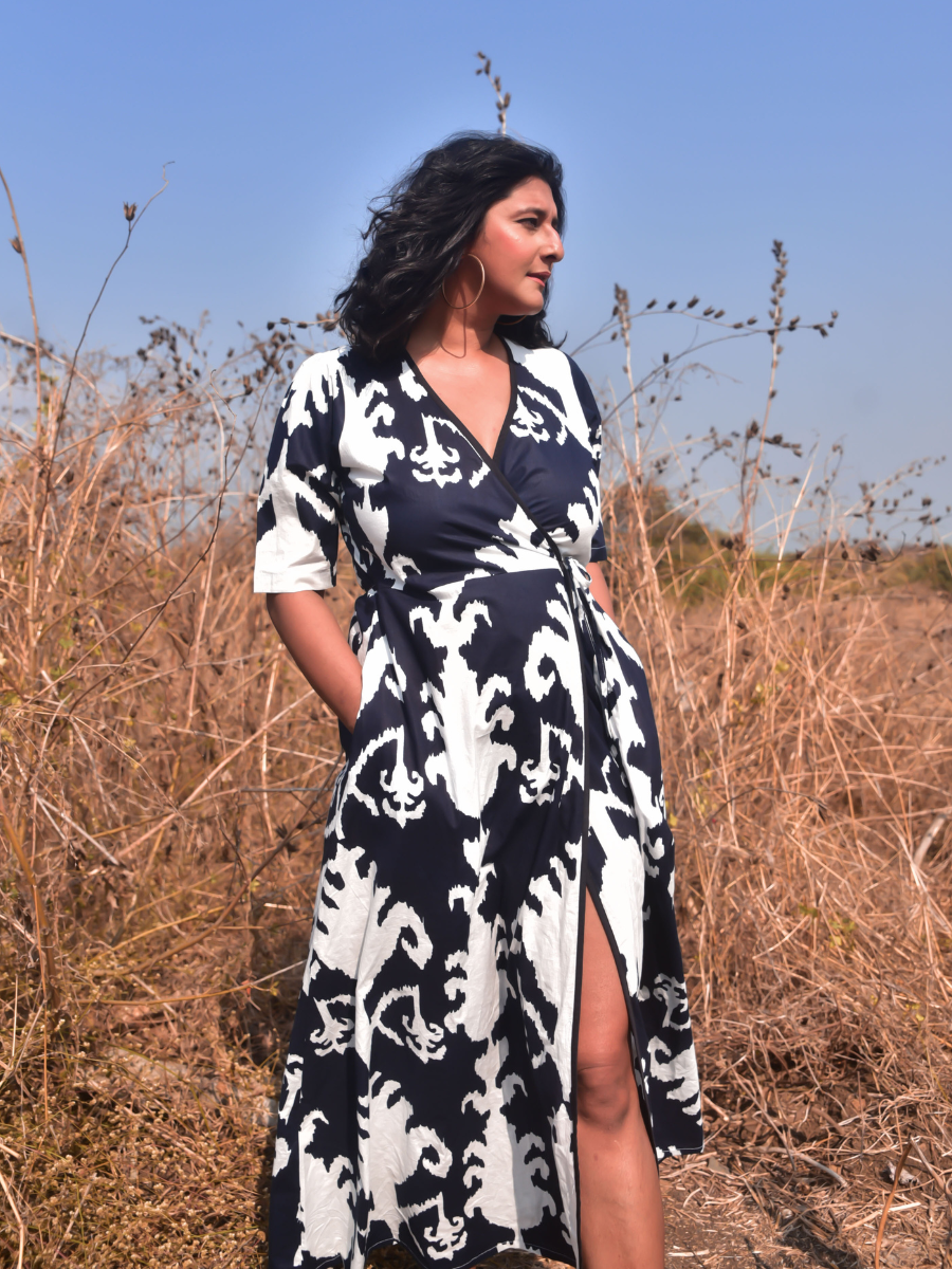 Black and White Hand Printed Wrap Dress for Women