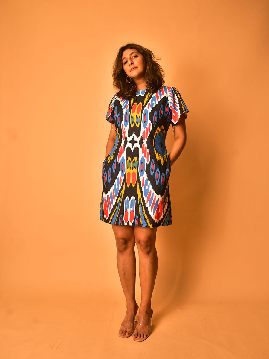 Black Multicolour Printed Short Cotton Dress for Women WhySoBlue