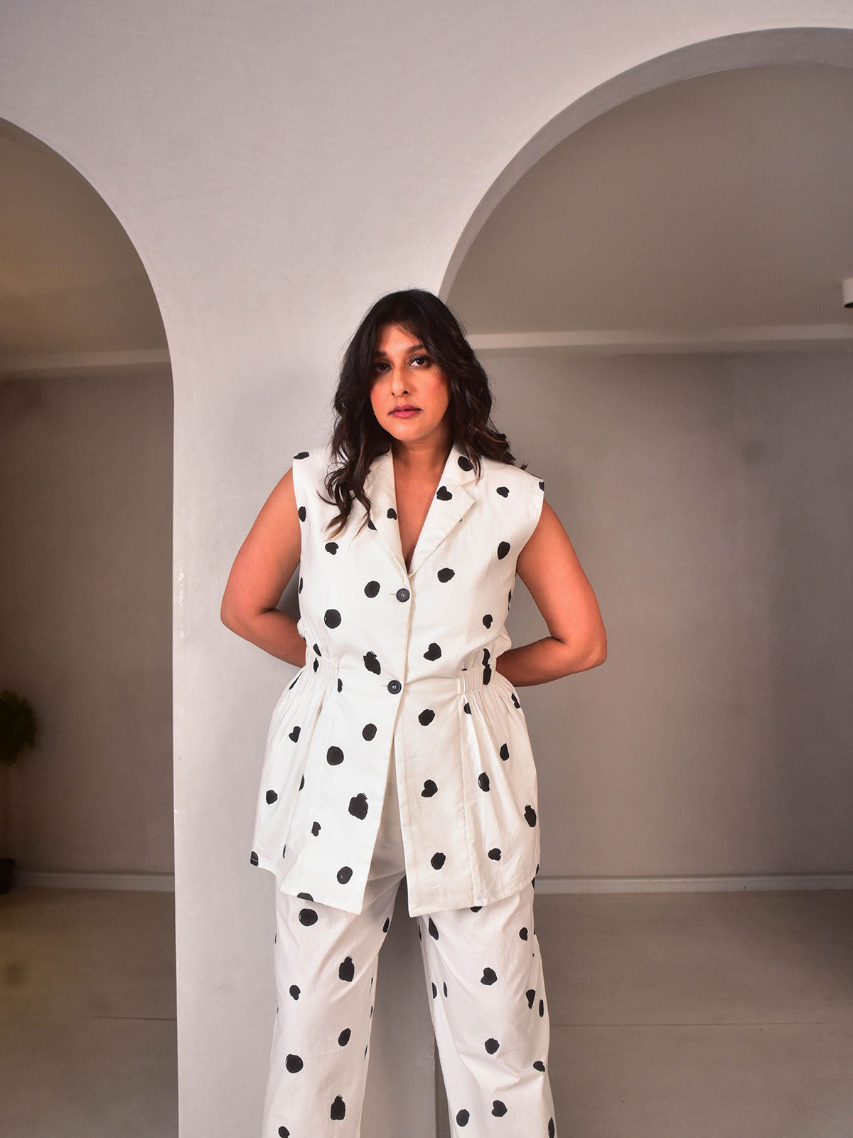 Black and White Polka Dot Cotton Vest Pants Set for Women | WhySoBlue