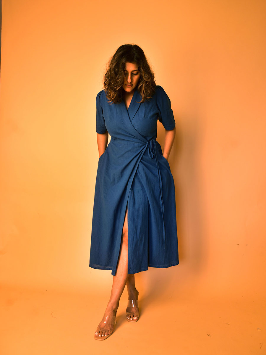 Blue Kaala Cotton Wrap Dress for Women