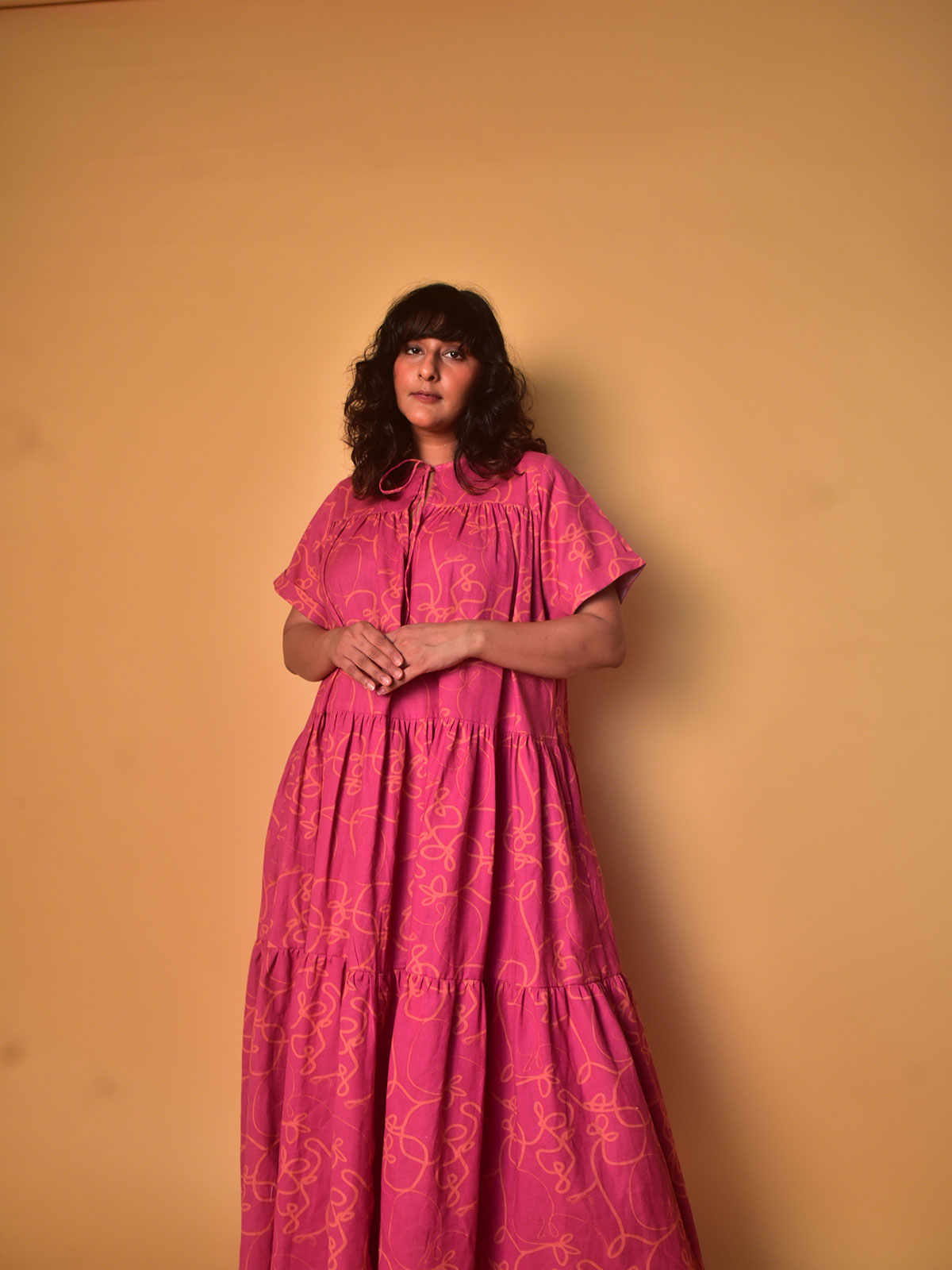 Pink Screen Printed Ruffles Dress For Women | WhySoBlue