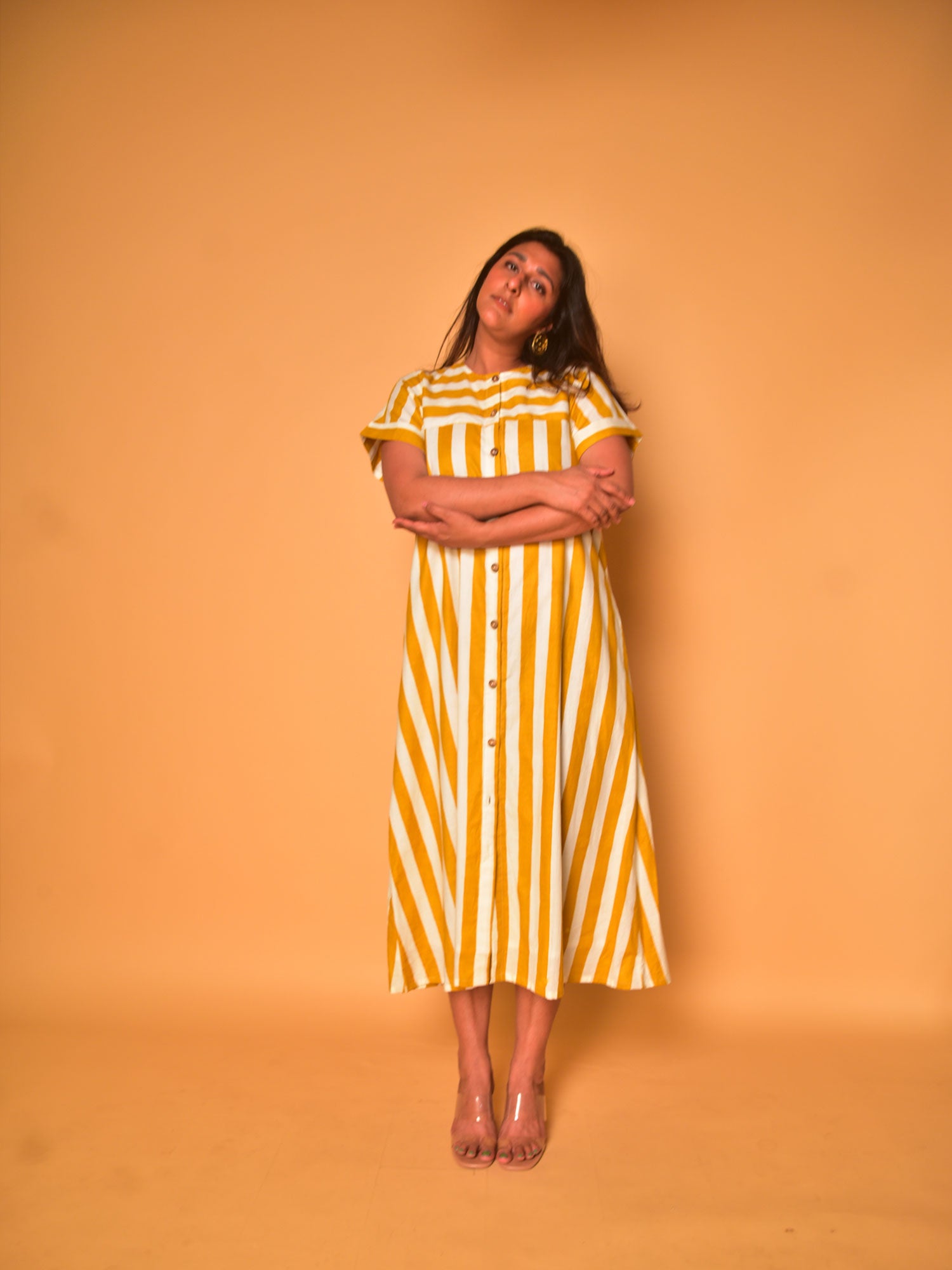 White and Mustard Striped Cotton Button-Down Dress for Women | WhySoBlue