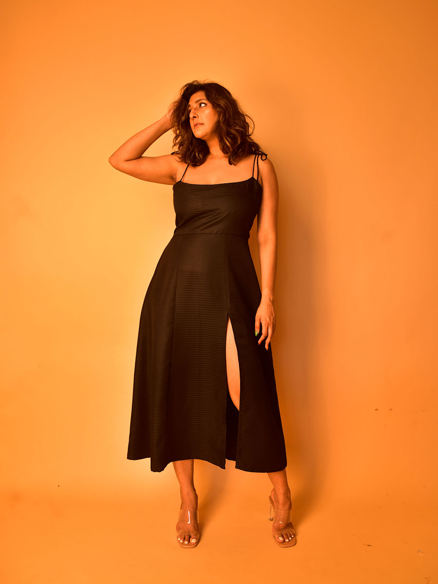 Black Textured Cotton Slit Dress for Women | WhySoBlue