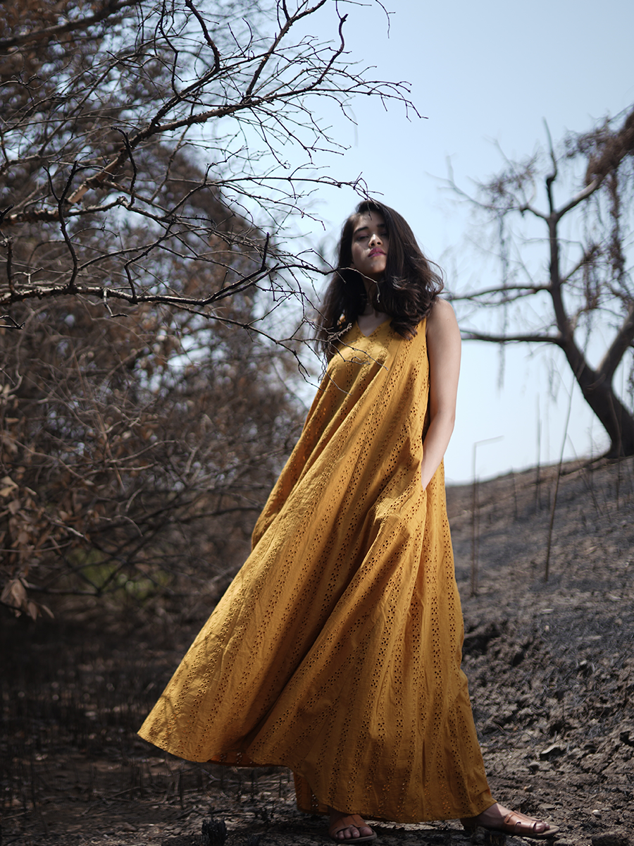 Mustard Yellow Bandhani print bias cut gown dress – BHARTI's at White  Solitaire